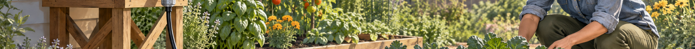 Elevated rain barrel supplying drip irrigation to raised garden beds