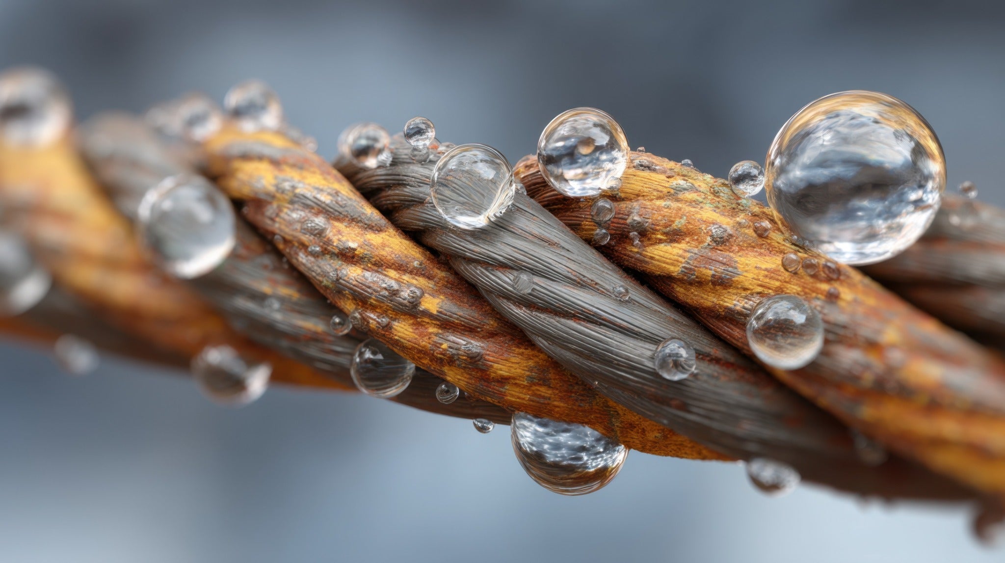 Water droplets beading on a strand