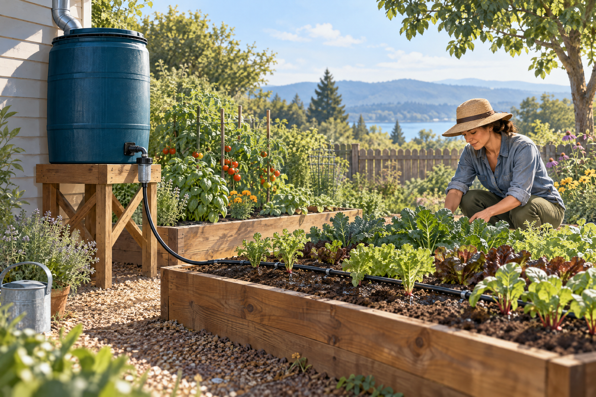 Elevated rain barrel supplying drip irrigation to raised garden beds