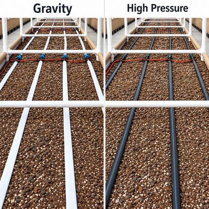 Gravity and High-Pressure BluSoak tape shown side by side in raised beds