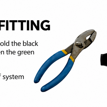 Hold the black BluSoak fitting body with pliers or channel locks, then tighten the green collar by hand to prevent leaks.