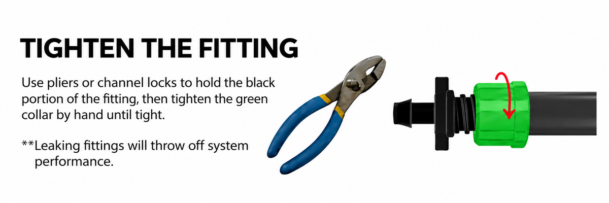 Hold the black BluSoak fitting body with pliers or channel locks, then tighten the green collar by hand to prevent leaks.