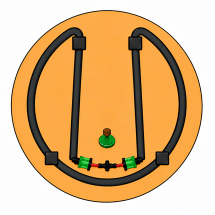 Black high-pressure BluSoak loop with green fittings in a 30–90 gallon round pot